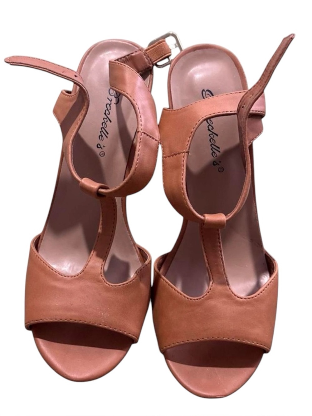 Breckelles Brina T-Strap Cognac Brown Platform Heels Sandal Size 7